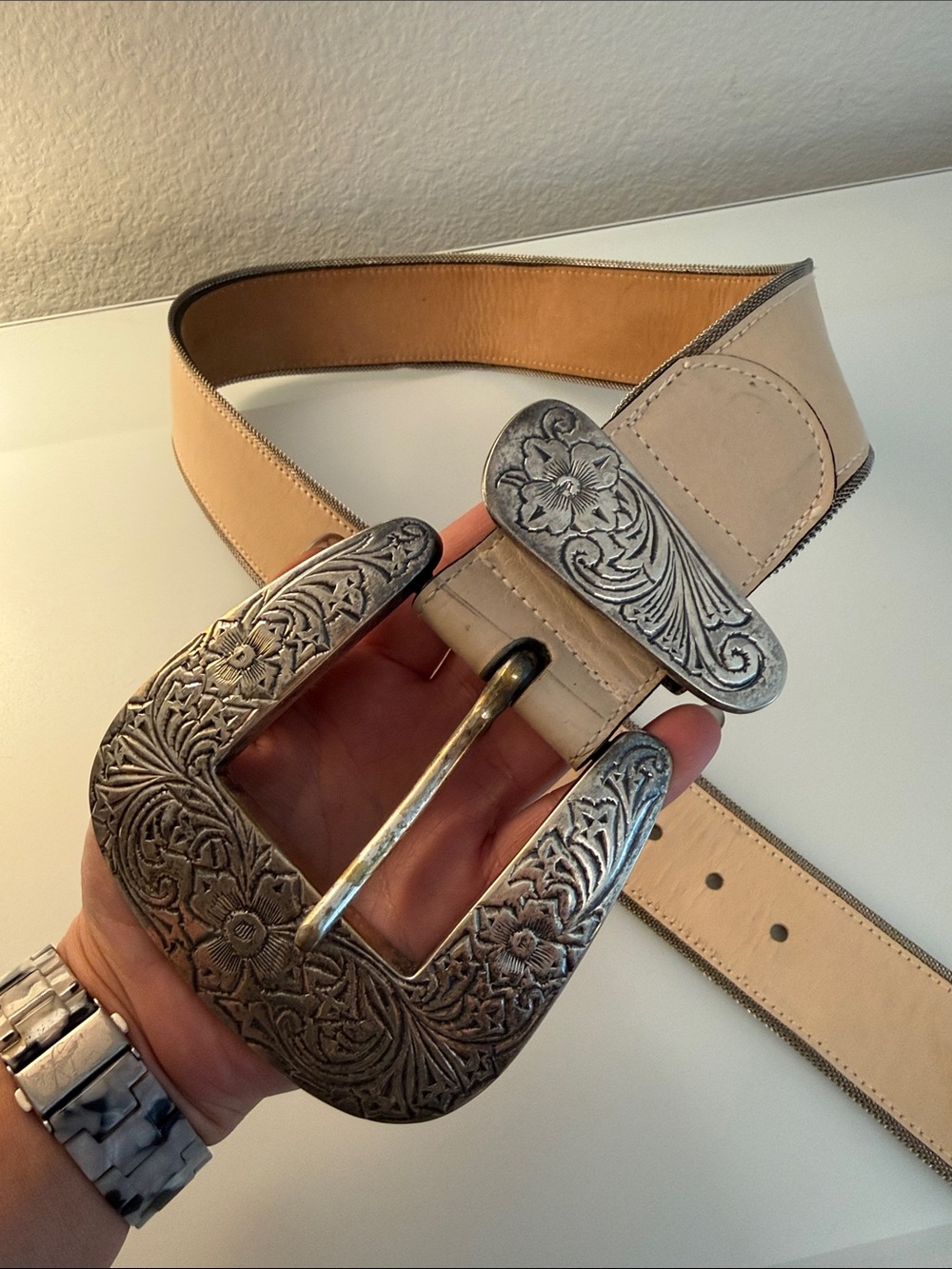 Streets Ahead Big Buckle Cream Western Silver Mesh Trim Leather Belt L - Picture 5 of 9